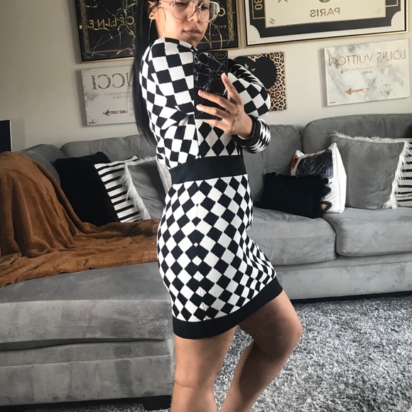 New Balmain Two-Tone Intarsia-Knit Mini Dress - Picture 6 of 17